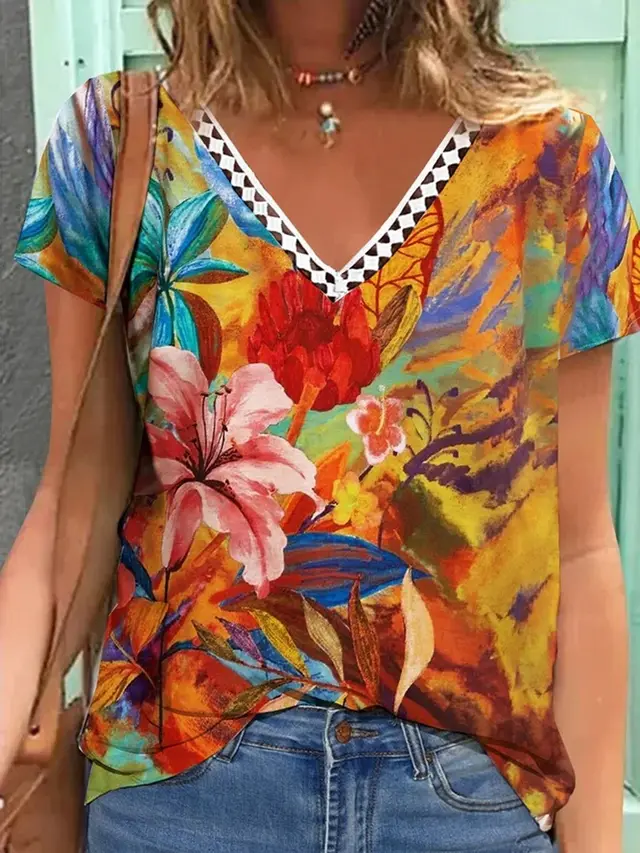 Women's V neck Lace Casual Top Short Sleeve Printed Stitching T shirt 6 Style - Shop at LoveMi