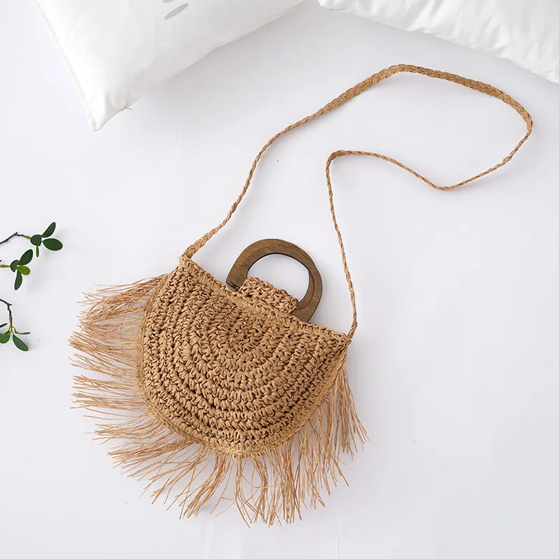 Pastoral Style Semicircular Tassel Crossbody Bag Travel Shot Play Handbag Khaki - Shop at LoveMi
