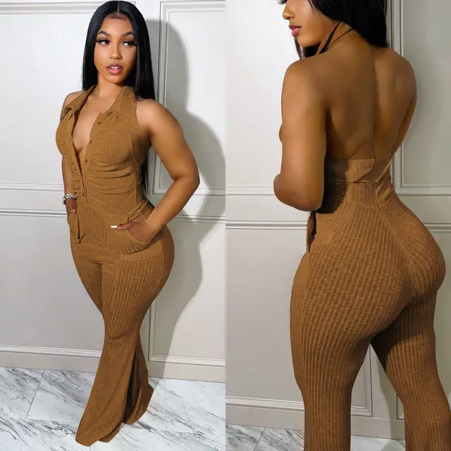 Women's Solid Color Halter Neck Lapel Jumpsuit Brown - Shop at LoveMi