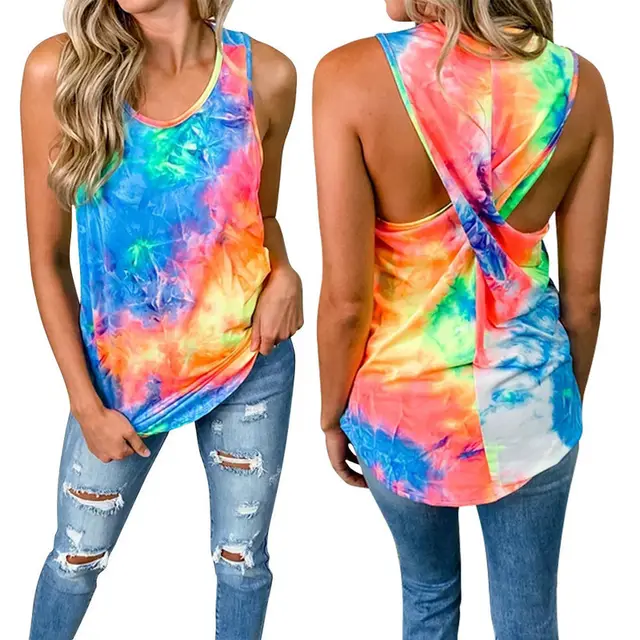 T shirt Fashion Round Neck Sleeveless Printing And Dyeing Twisted Top For Women Blue - Shop at LoveMi