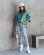 Women's Ruffle Sleeve Beaded Coat Jacket - Green