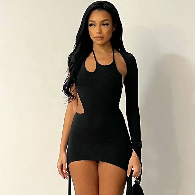 Solid Color Lace-up One-shoulder Back Openwork Dress - Black