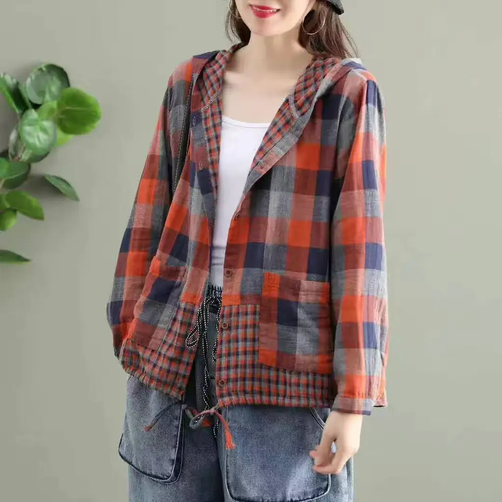 Literary Original Cotton Hooded Plaid Jacket - Orange - View 1