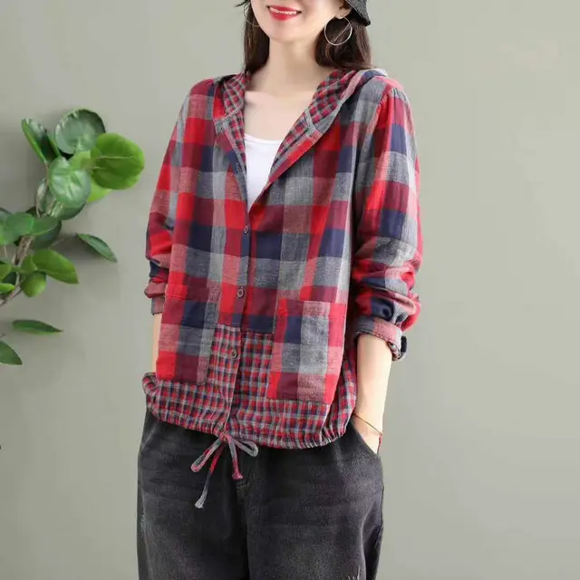 Literary Original Cotton Hooded Plaid Jacket Red - Shop at LoveMi