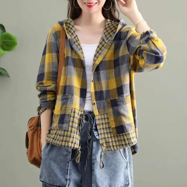 Literary Original Cotton Hooded Plaid Jacket Yellow - Shop at LoveMi