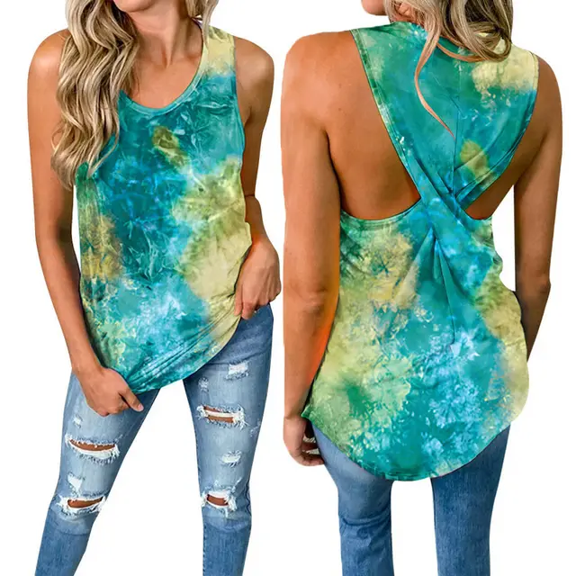 Round Neck Sleeveless Tie dye Twist knot Casual Women's Top Green - Shop at LoveMi