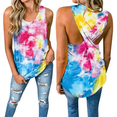 Round Neck Sleeveless Tie dye Twist knot Casual Women's Top Rose Red - Shop at LoveMi