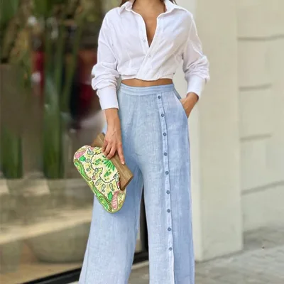 Fashion Casual Solid Color Lapel Shirt Loose Pants Two piece Set Blue - Shop at LoveMi