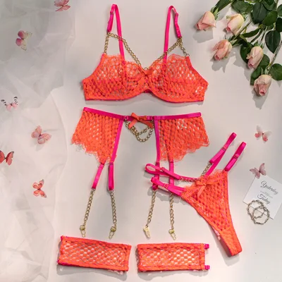 Underwear Set Mesh Comfortable Metal Four piece Set Fluorescent Orange - Shop at LoveMi