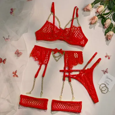 Underwear Set Mesh Comfortable Metal Four piece Set Red - Shop at LoveMi