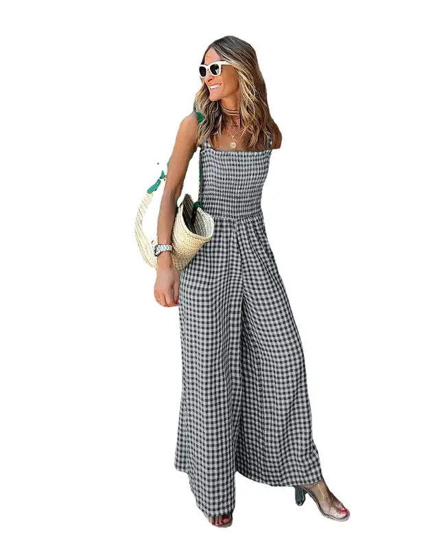 Summer Elegant Women's Trousers Plaid Jumpsuit Mid waist Casual Pants Black - Shop at LoveMi