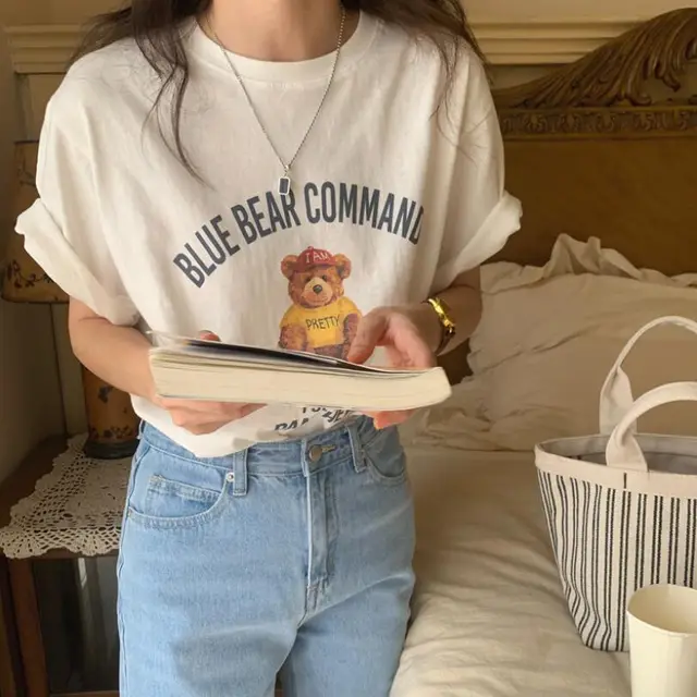 Bear Printed T shirt Women's Fashion Loose fitting Curl Short Sleeve White - Shop at LoveMi