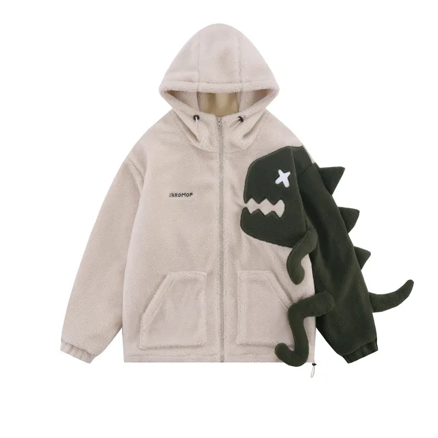 Design Sense Dinosaur Spliced Lamb Wool Coat Female Khaki - Shop at LoveMi