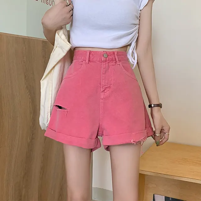 Korean Version Of Torn Denim Shorts For Women Pink - Shop at LoveMi