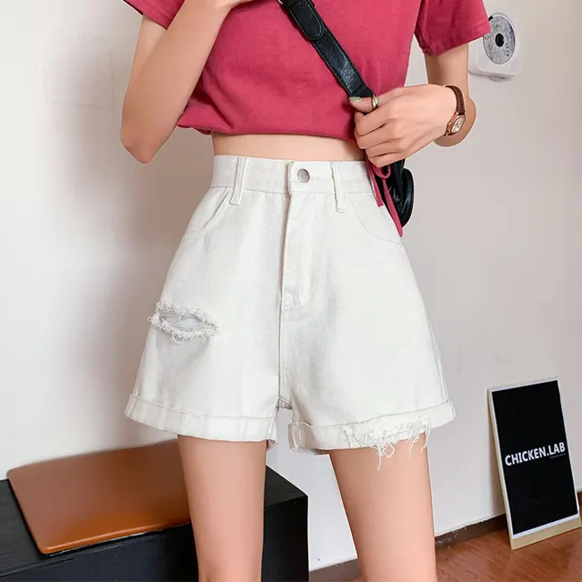 Korean Version Of Torn Denim Shorts For Women White - Shop at LoveMi