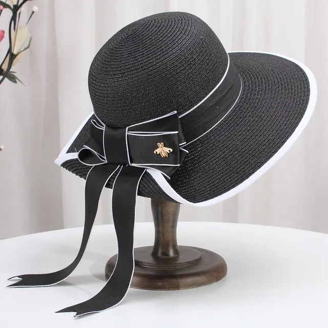 Summer Korean Bowknot Straw Hat Black - Shop at LoveMi