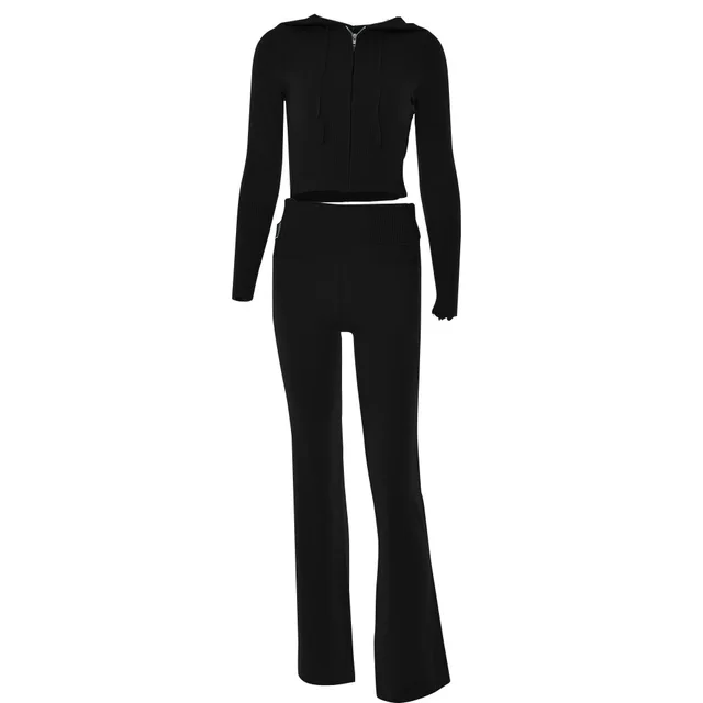 Knitted Hooded Suits Women's High Waist Long Sleeves Trousers Two piece Set Black Suit - Shop at LoveMi