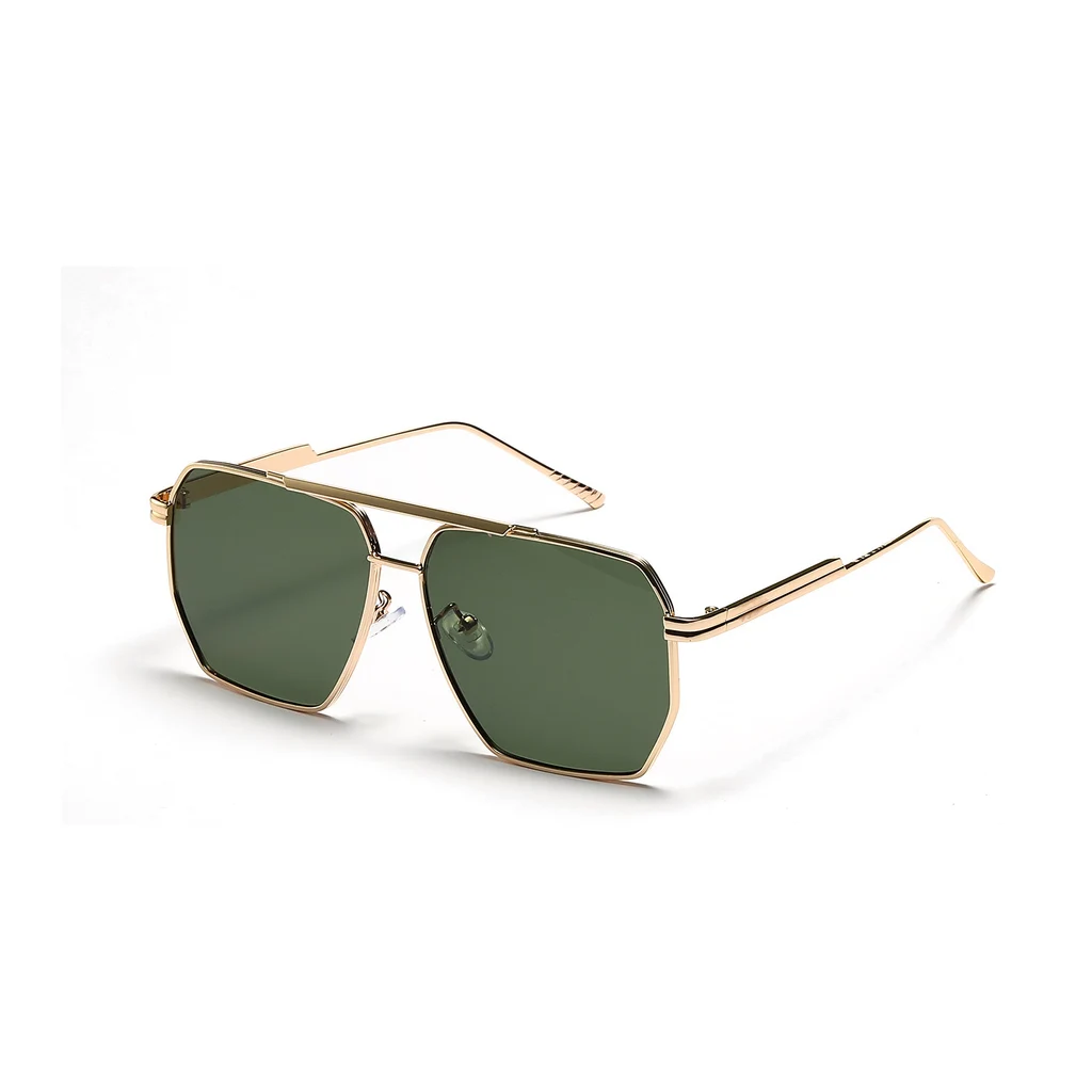 Men And Women Retro Fashion Double Beam Large Frame Sunglasses - Gold Dark Green