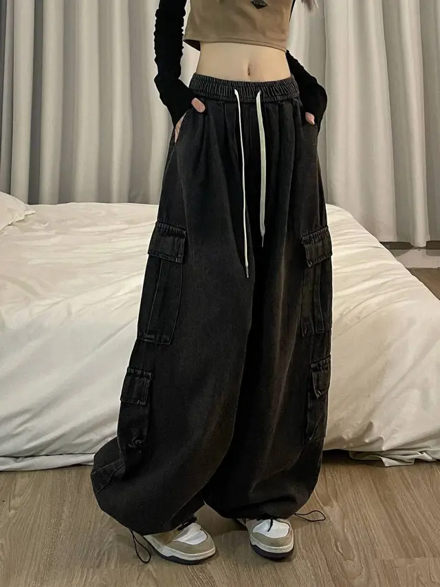 Jeans Tooling Loose Wide Leg Pants Women Black Grey - Shop at LoveMi