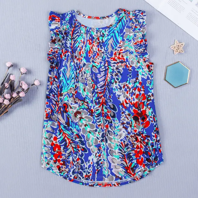 Sleeveless Versatile Top Women's Summer New Loose Printed Fashion Outerwear Chiffon T shirt Women Dark Blue - Shop at LoveMi