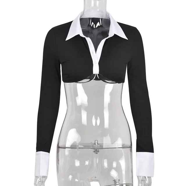 Collar Contrast Long Sleeve Shirt Women Black - Shop at LoveMi