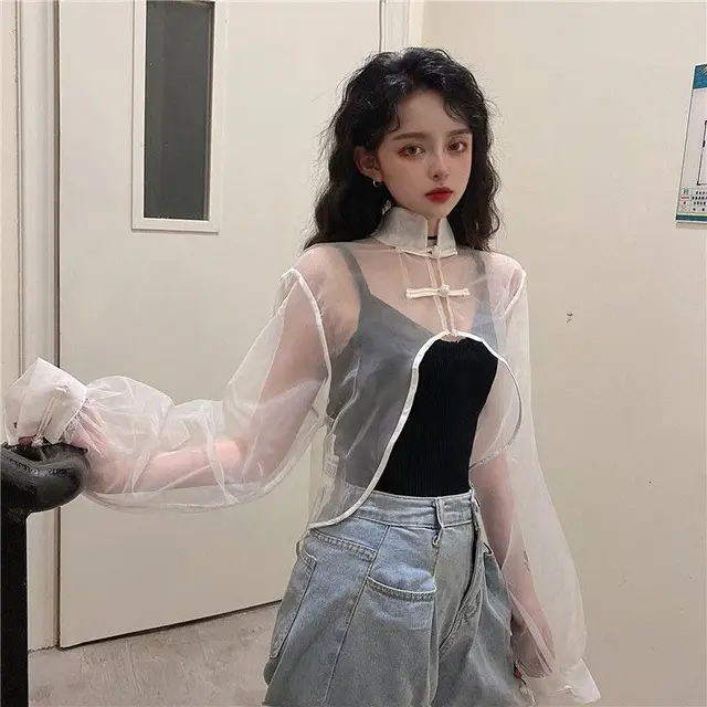 Thin Mesh See through Overlay Blouse White - Shop at LoveMi