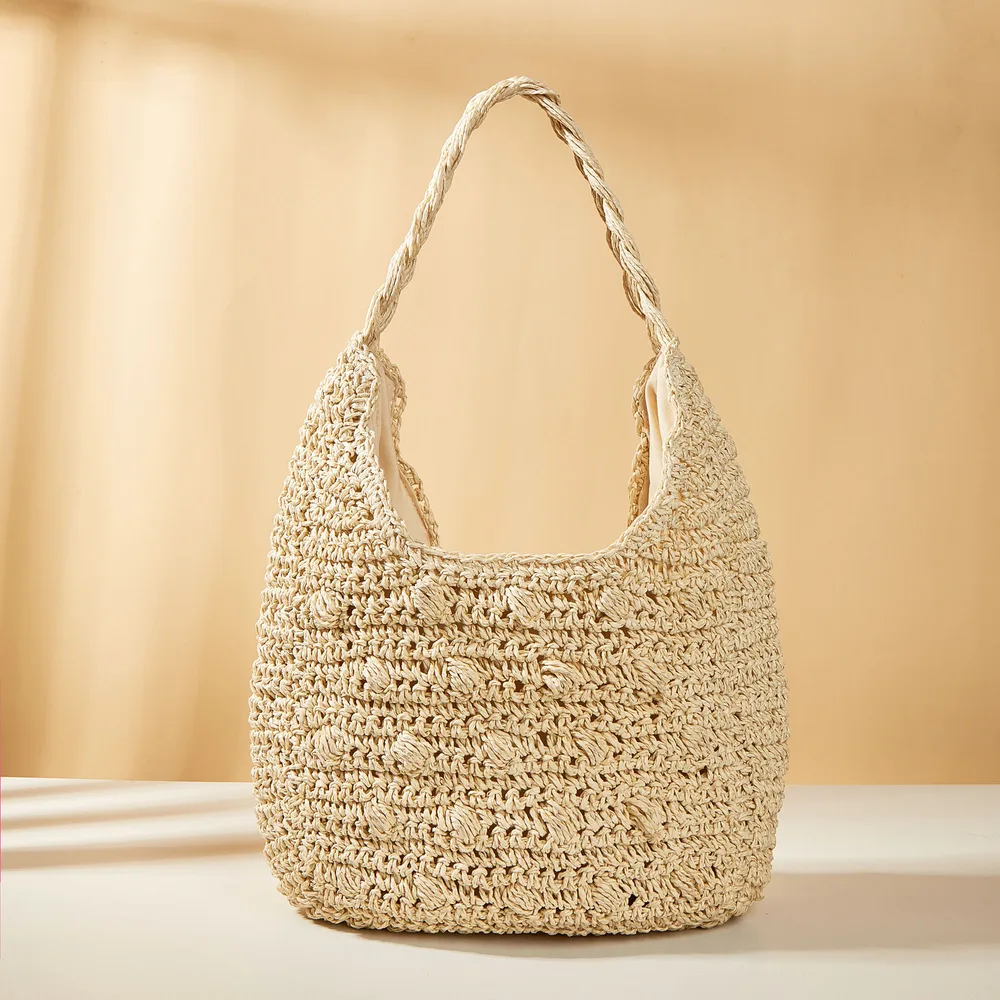 New Sen Straw Woven Bag Fashion Handheld Girl Beige - Shop at LoveMi