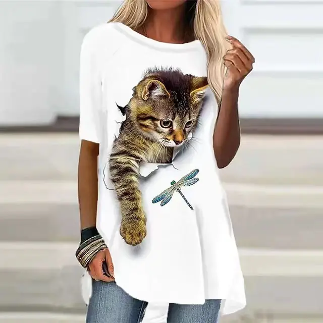 Fashion Women's Short Sleeve Digital Printing Cat Catching Dragonfly - Shop at LoveMi