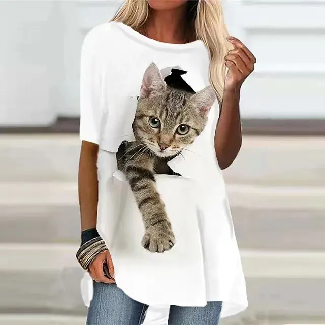 Fashion Women's Short Sleeve Digital Printing White Plus Cat - Shop at LoveMi