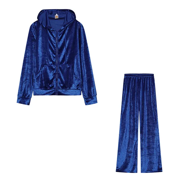 Fashion Rhinestone Velvet Sports And Leisure Suit Two piece Set Blue - Shop at LoveMi