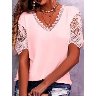 Lace Tops Women Summer Loose V Neck Short Sleeve Casual Shirts - Pink