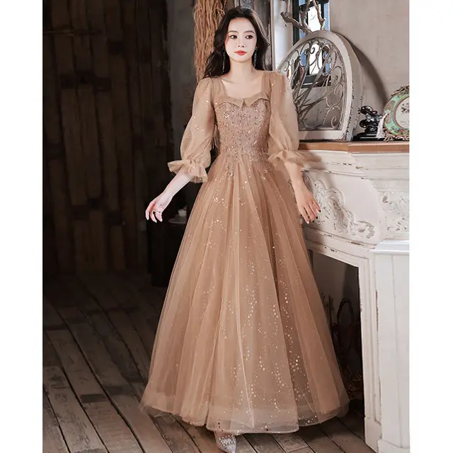 Evening Dress Host Banquet Maid Of Honor Long Sleeves Khaki - Shop at LoveMi