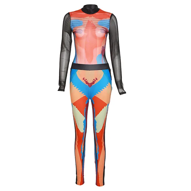 Women's Fashion Printing Slim Long sleeved Tight Pants Set Orange - Shop at LoveMi