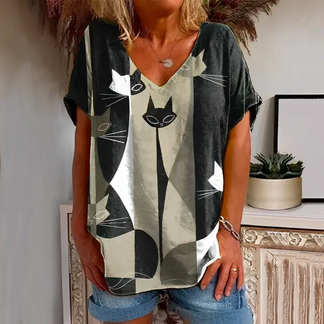 Women's Casual Short Sleeve V Neck Cat 3D Print Top Cat B - Shop at LoveMi