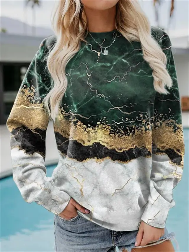 Geometric Loose Print Long Sleeve Crew Neck Sweater 7 Style - Shop at LoveMi