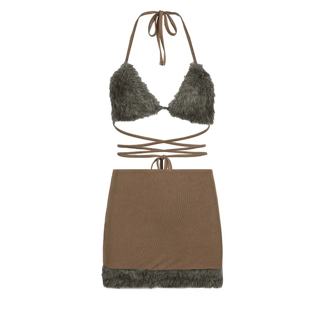 Spring Popular Fashion Women's Wear Furry Halter Navel Bra High Waist Slim Short Skirt Two piece Set Brown - Shop at LoveMi
