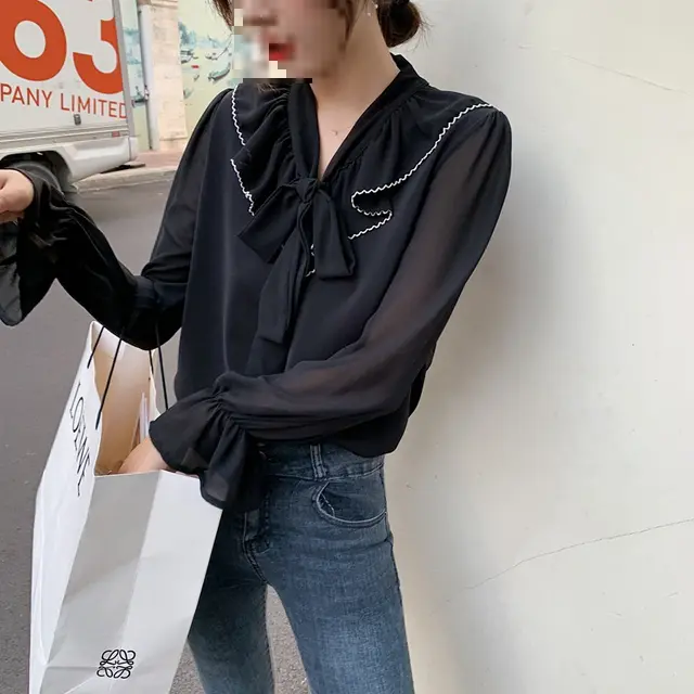 Solid Versatile Color Block For Elegant Banded Chiffon Shirt Black - Shop at LoveMi