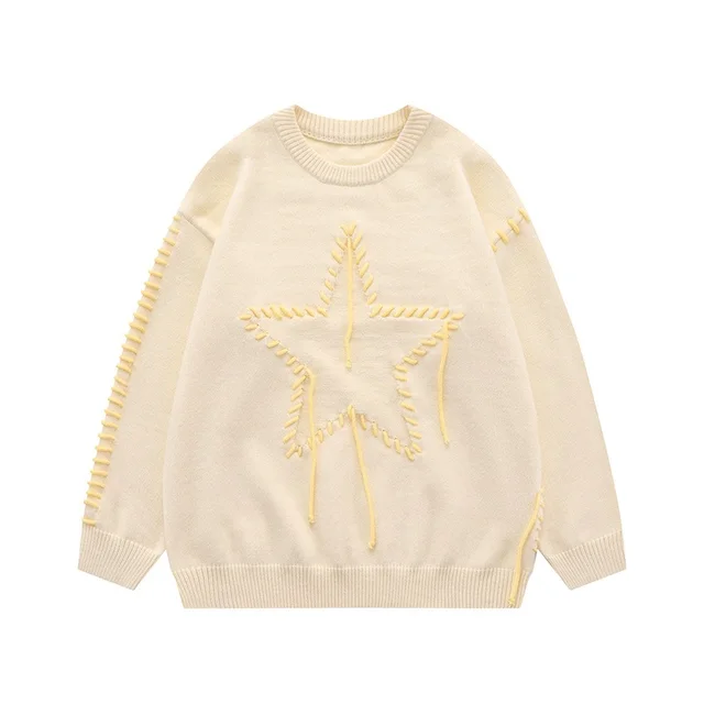 Autumn New Star Design Knitted Men's And Women's Round Neck Sweater Apricot - Shop at LoveMi