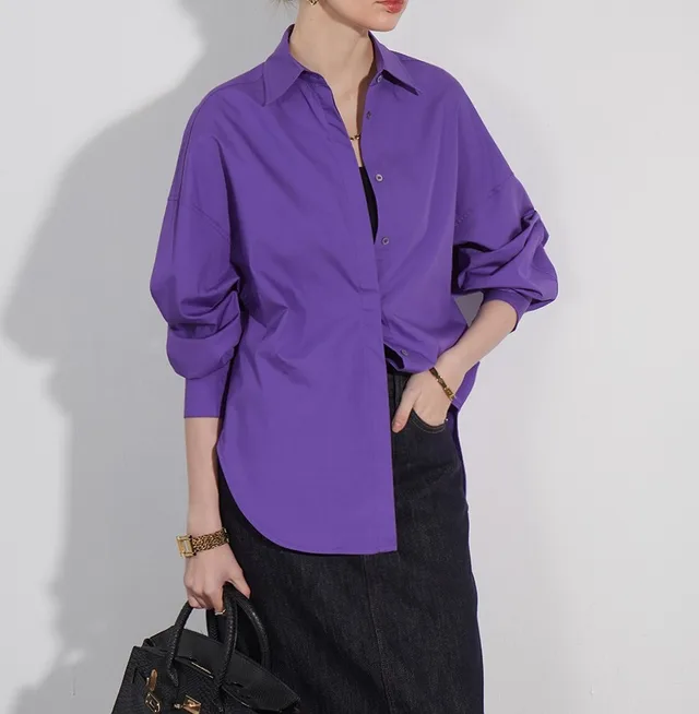 Temperament Casual Style Solid Color Polo Collar Straightness Relaxed Long Sleeve Shirt Purple - Shop at LoveMi