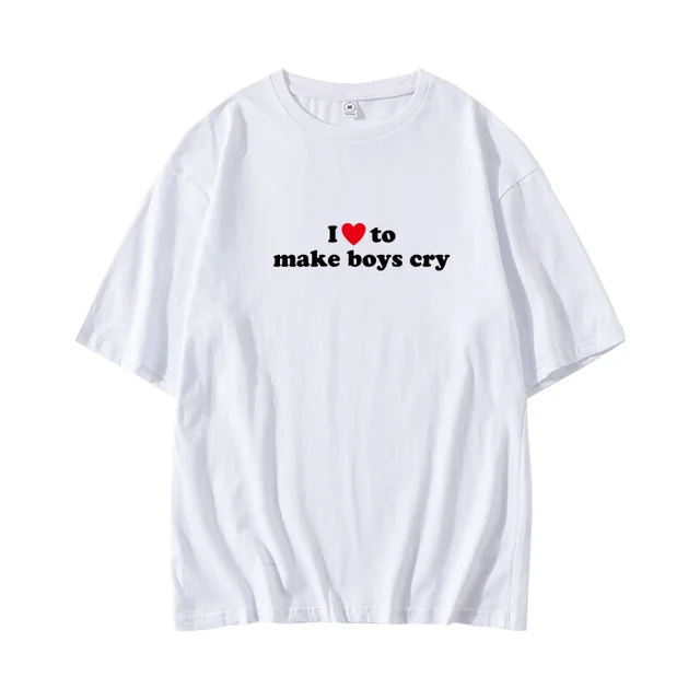Ladies Short Sleeve Loose Cotton Printed Top Alphabet White - Shop at LoveMi