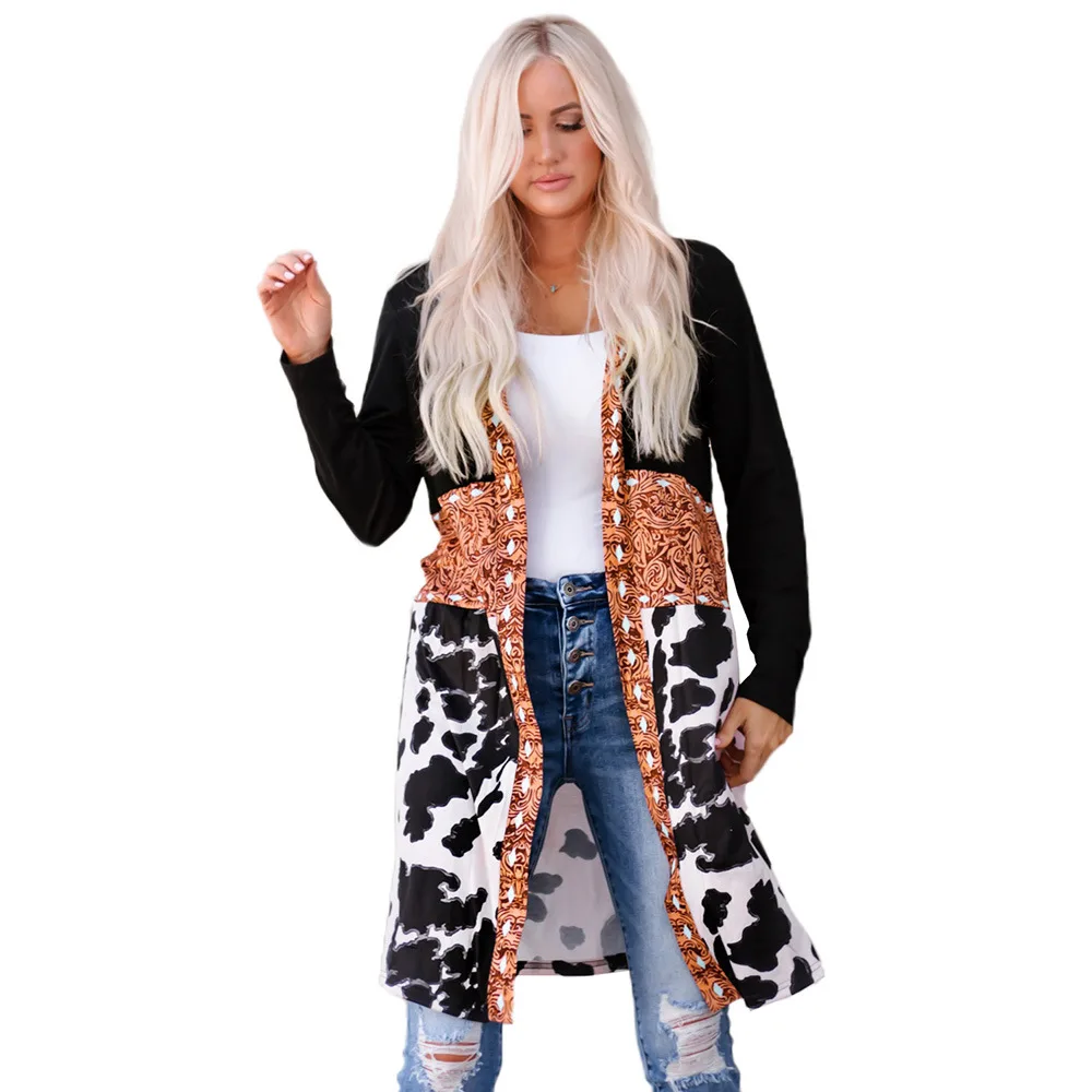 Western Denim Patchwork Knitted Cardigan Printed Coat Lc2541430 Black - Shop at LoveMi