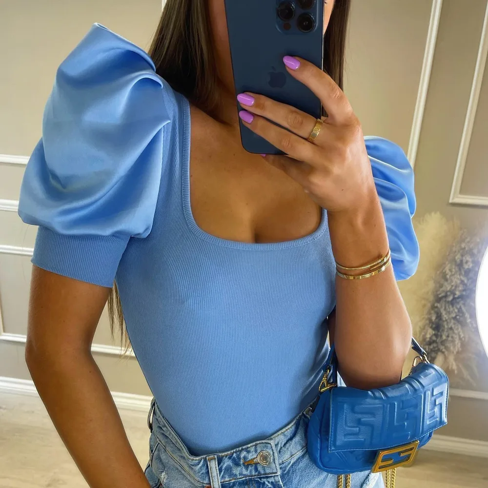Women's Fashion Low Cut Round Neck Puff Sleeve Thread Slim Light Blue - Shop at LoveMi
