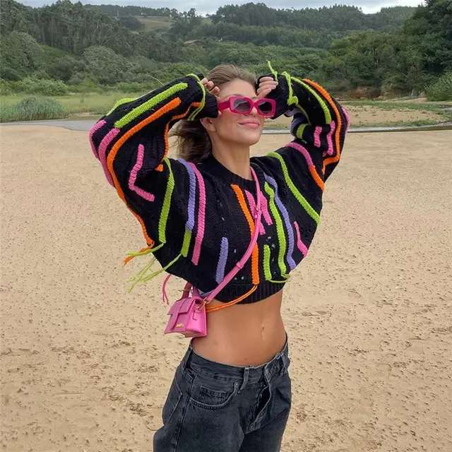 Fashion Knitted Patchwork Color Net Red Tassel Casual Short Sweater Black - Shop at LoveMi