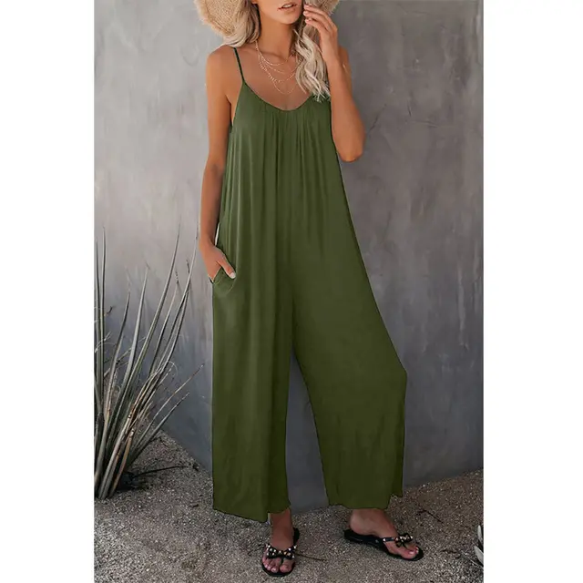 Women's Loose Sleeveless Jumpsuits Romper Jumpsuit With Pockets Long Pant Summer Army Green - Shop at LoveMi