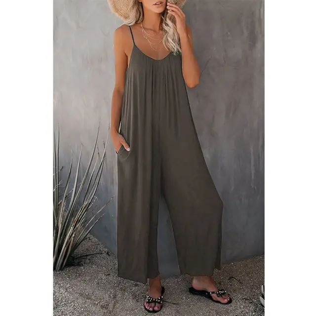 Women's Loose Sleeveless Jumpsuits Romper Jumpsuit With Pockets Long Pant Summer Gray - Shop at LoveMi