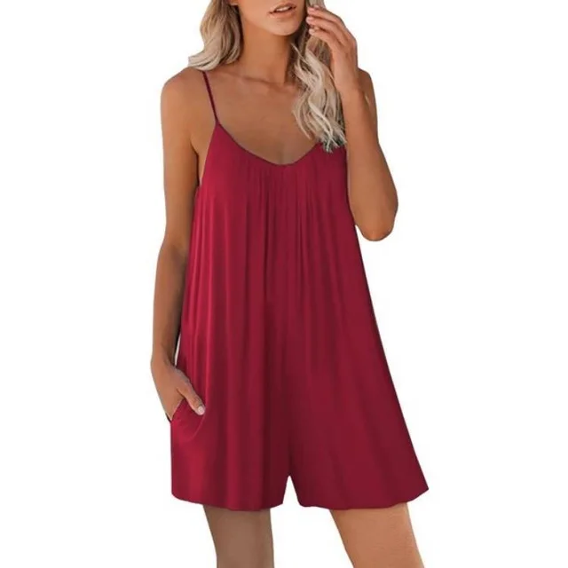 Womens Jumpsuit Casual Sleeveless Strap Loose Jumpsuits Summer Shorts Romper With Pockets Red - Shop at LoveMi