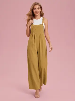 Wide Leg Yellow Overalls with Pockets - Earthy Yellow