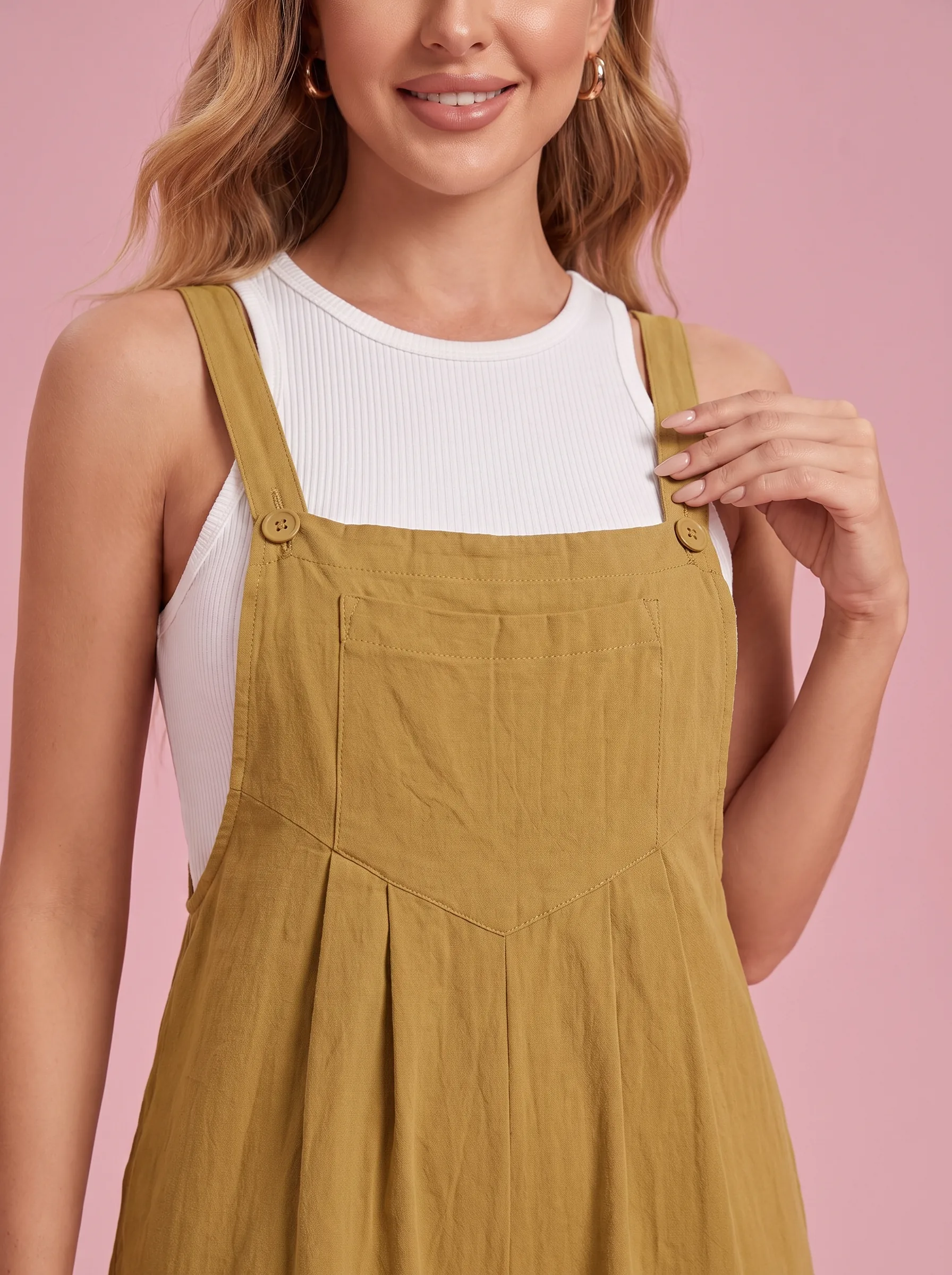 Wide Leg Yellow Overalls with Pockets - Earthy Yellow - View 2