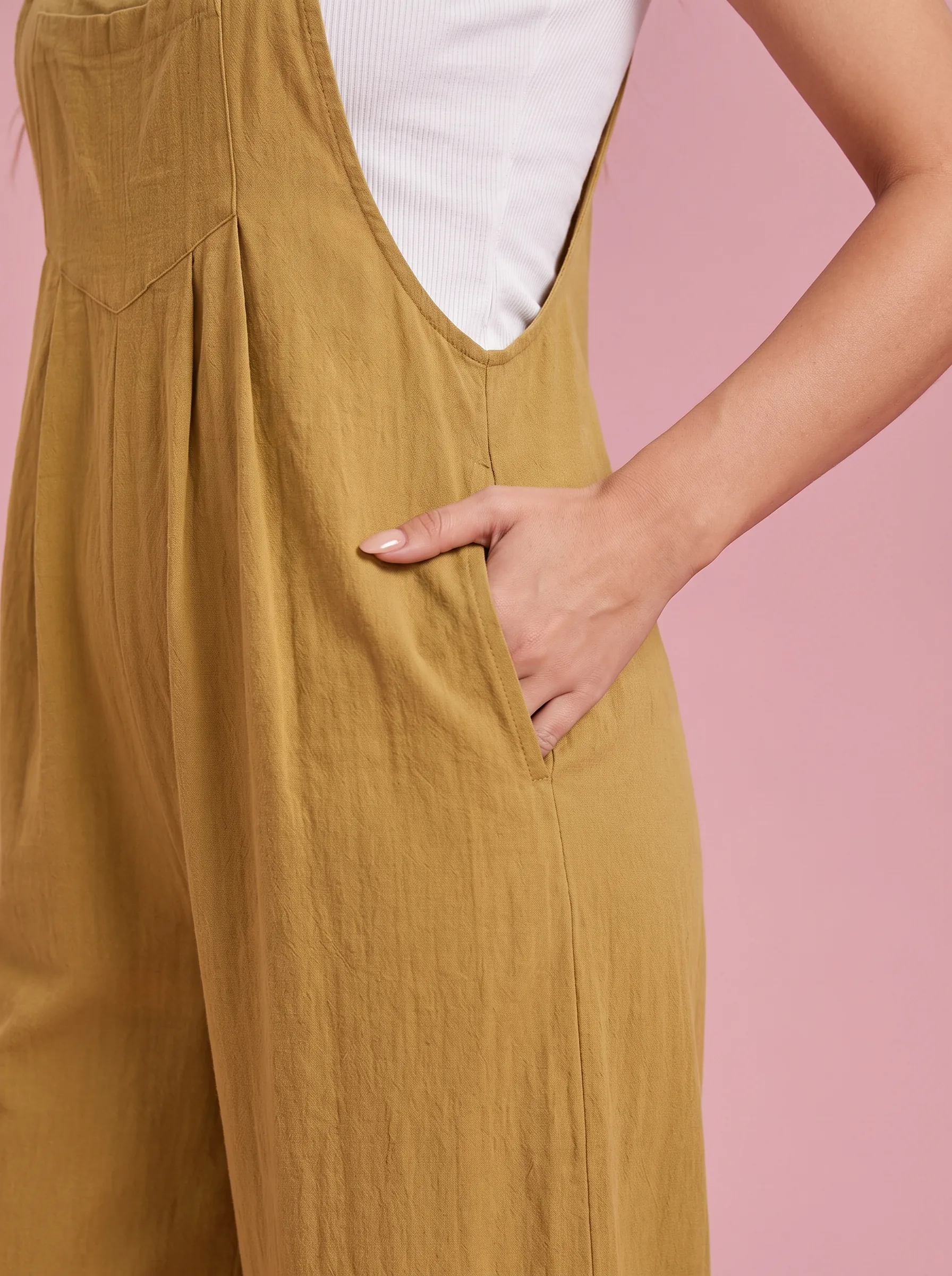 Wide Leg Yellow Overalls with Pockets - Earthy Yellow - View 3