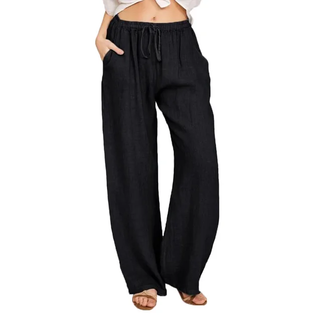 Soft Casual Drawstring Tie Trousers Summer Elastic Waist Loose Jogger Pants With Pockets Black - Shop at LoveMi